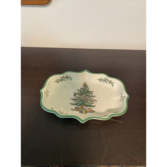 Spode Christmas Tree Ogee Candy Dish S3324-K England Green Trim‎ 9-1/4" x 6-1/4" - Picture 1 of 3